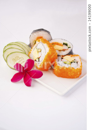 A plate of Japanese maki sushi roll cut into pieces. A plate of Japanese maki sushi roll cut into pieces. 14199000