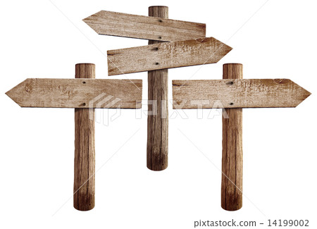 Old wooden road signs right, left and both arrows isolated 14199002