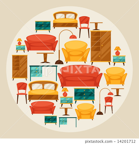 Interior icon set with furniture in retro style. Interior icon set with furniture in retro style. 14201712