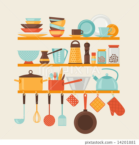 Card with kitchen shelves and cooking utensils in retro style. Card with kitchen shelves and cooking utensils in retro style. 14201881