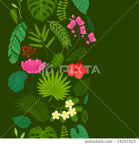 Stock Illustration: Seamless pattern with tropical plants, leaves and flowers.