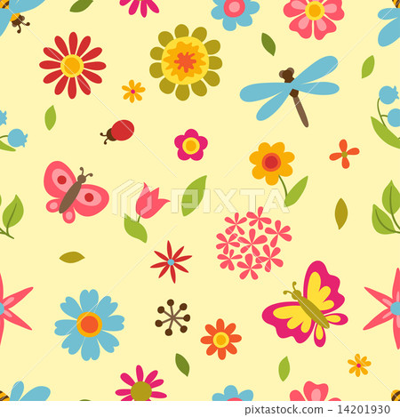 Natural pattern with beautiful flowers, beetles and butterflies. 14201930