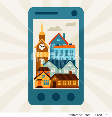 Concept illustration with mobile phone and city panorama. 14201952