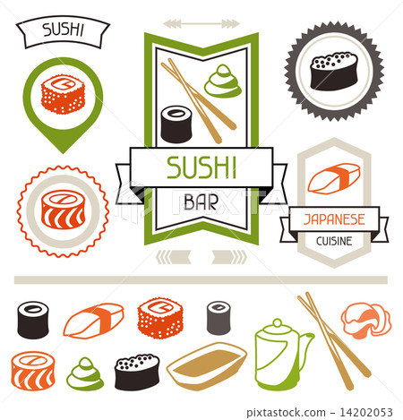 Badges and labels set with various sushi. 14202053
