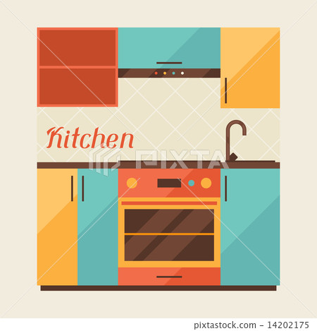 Card with kitchen interior in retro style. 14202175