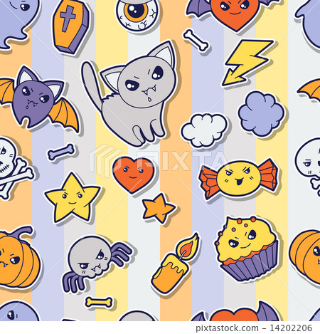 Seamless halloween kawaii pattern with sticker cute doodles. Seamless halloween kawaii pattern with sticker cute doodles. 14202206