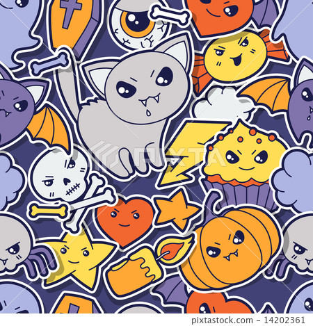 Seamless halloween kawaii pattern with sticker cute doodles. 14202361