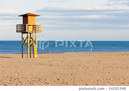lifeguard cabin on the beach in Narbonne Plage, Languedoc-Roussi 14205346