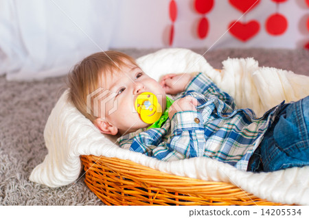 Child in the bow tie is in the basket with a blanket Child in the bow tie is in the basket with a blanket 14205534