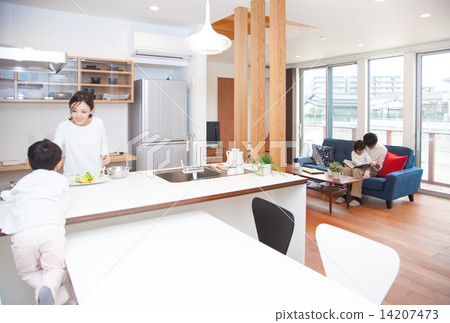 Four people relaxing in the living room 14207473