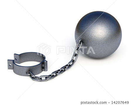 Metal Ball And Chain Shackles On White Isolated On White, Bondage