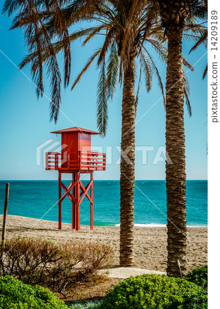 Lifeguard tower on the beach. Benalmadena, Malaga. Spain 14209189