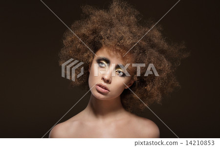 Stylization. Young Brunette with Curly Brown Hairs 14210853