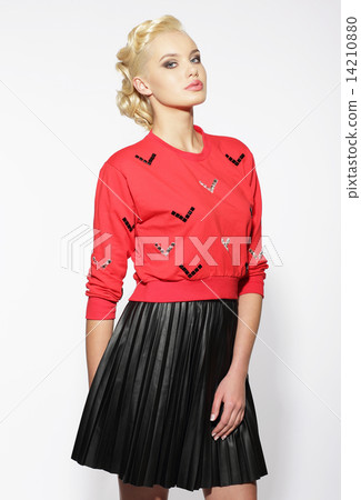 Trendy Blond in Red Blouse and Black Skirt 14210880