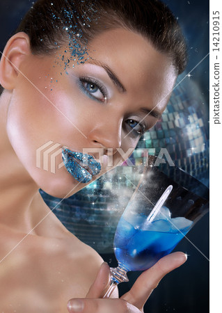 Woman with Blue Makeup and Wineglass 14210915