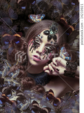 Inspiration. Woman with Fantastic Teardrops and Butterflies 14210921