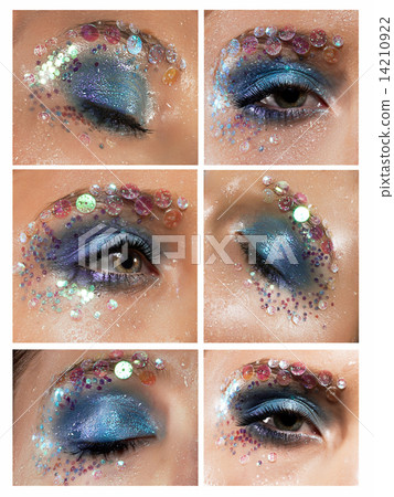 Mascara. Blue Eyeshadow with Colorful Rhinestones 14210922