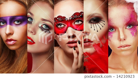 Set of Women's Faces with Bright Make Up 14210923
