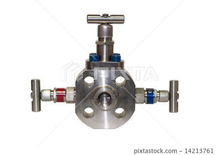 Close up manual valve or needle valve of high pressure process on white background. Close up manual valve or needle valve of high pressure process on white background. 14213761