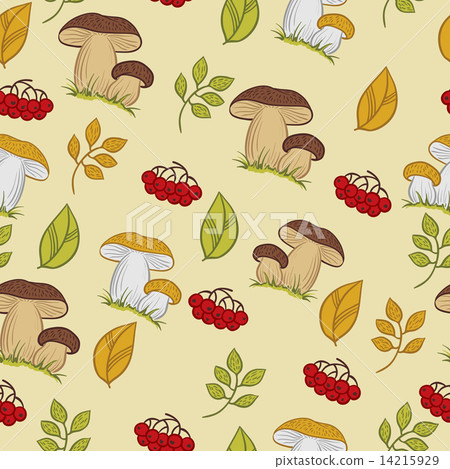 Vector seamless texture with the mushrooms, leaves and berries. 14215929