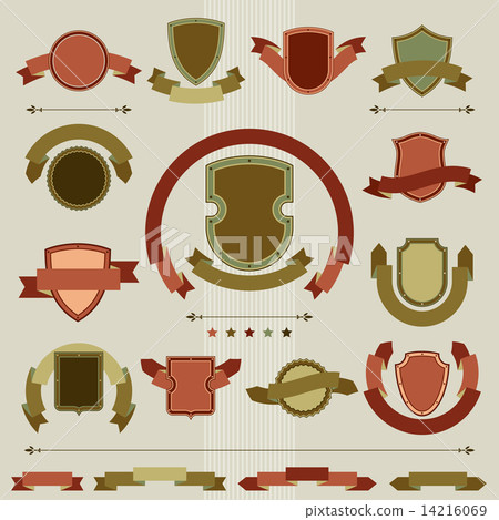 Vintage heraldry shields and ribbons retro style set. 14216069