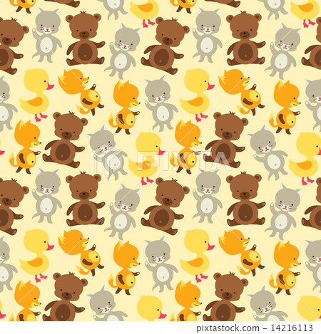 Seamless pattern with baby cat, bear, fox and duck. 14216113