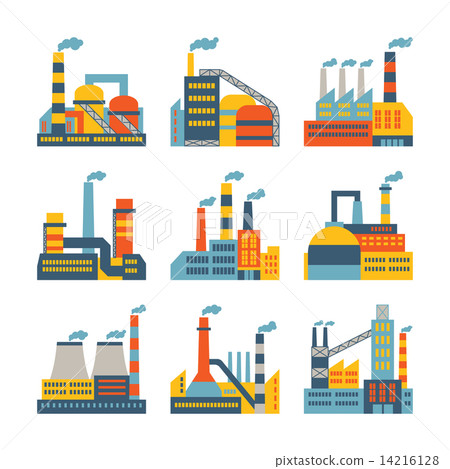 Industrial factory buildings icons set in flat... - Stock Illustration ...