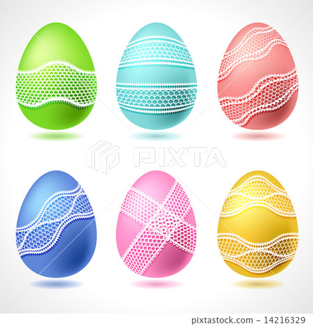 Set of 6 vector Easter Eggs with lace ribbon. 14216329