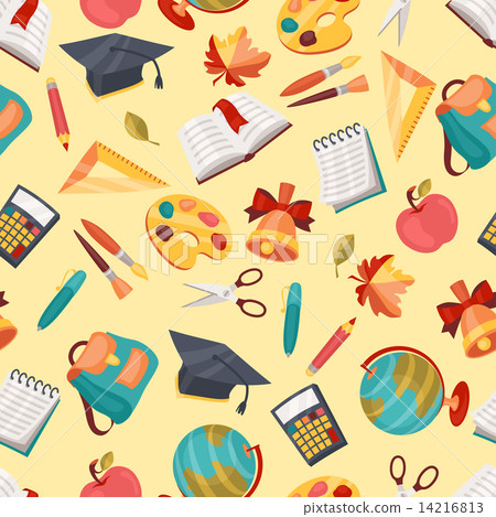 School seamless pattern with education icons and symbols. School seamless pattern with education icons and symbols. 14216813