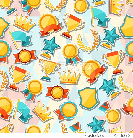 Stock Illustration: Seamless pattern with trophy and awards stickers.