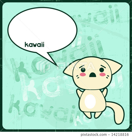 Kawaii card with cute cat on the grunge background. 14218816