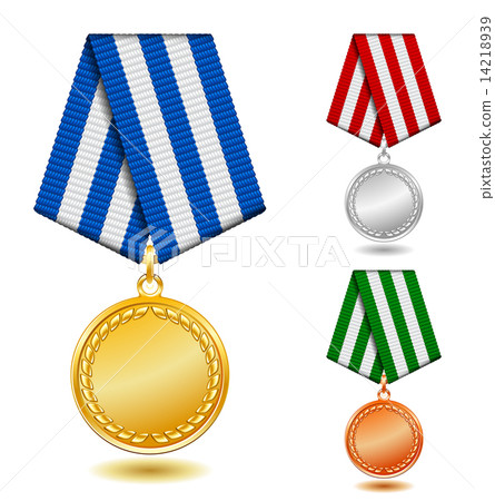 Gold, silver and bronze medals on patterned color ribbon. Gold, silver and bronze medals on patterned color ribbon. 14218939