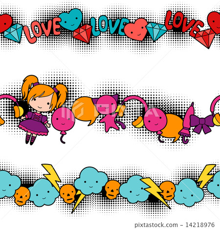 Seamless kawaii child patterns with cute doodles. 14218976