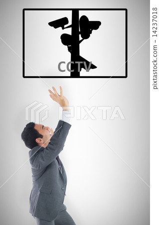 Composite image of stressed businessman with arms raised Composite image of stressed businessman with arms raised 14237018