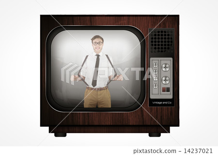 Composite image of geeky businessman pulling his suspenders 14237021
