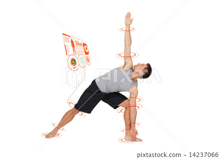 Composite image of full length of a young man stretching hand to 14237066