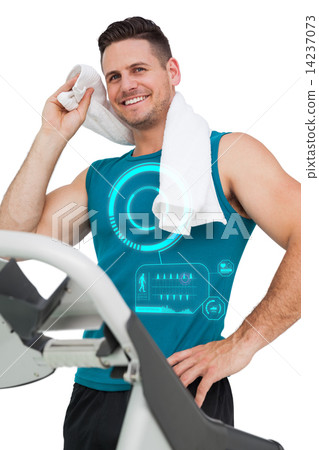 Composite image of young man running on a treadmill Composite image of young man running on a treadmill 14237073