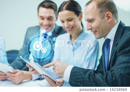 business team with tablet pc having discussion business team with tablet pc having discussion 14238989