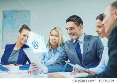 business team with tablet pc having discussion business team with tablet pc having discussion 14239886