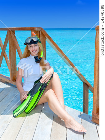 Young pretty woman with flippers, mask and tube. .Maldives... 14240599