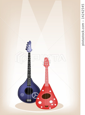 Two Beautiful Ukulele Guitar on Brown Stage Background 14242545