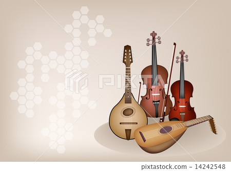 Antique Musical Instrument Strings on Brown Stage Background 14242548