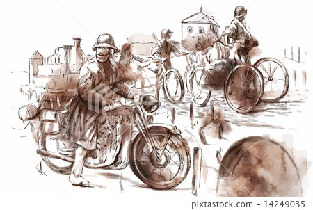 Soldiers on bicycles and a soldier on a motorcycle. Vector. 14249035