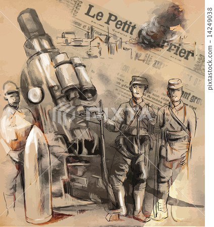 Soldiers posing in front of a large Howitzer (Mortar). Vector. 14249038