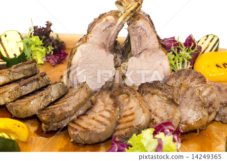 steak with asparagus and salad on a white background in restaurant steak with asparagus and salad on a white background in restaurant 14249365