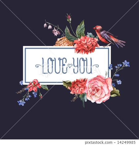 Vintage floral card with roses and wild flowers 14249985