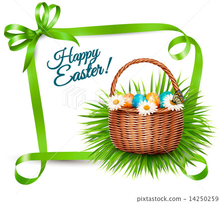 Spring Easter background. Easter eggs in grass with flowers. Vec 14250259