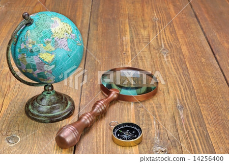 Vintage Globe Map, Compass, and Magnifying Glass Vintage Globe Map, Compass, and Magnifying Glass 14256400