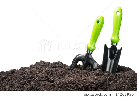 garden tools in soil isolated on white 14265959