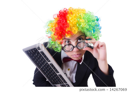 Funny clown with keyboard on white Funny clown with keyboard on white 14267069